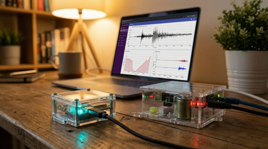 GeoShake T1 and Raspberry Shake running side by side — combining real-time earthquake alerting with scientific waveform recording