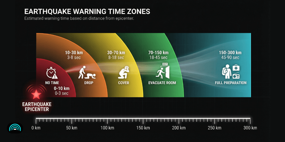 Earthquake warning time zones by distance — 0-3 seconds at 10 km, up to 90 seconds at 300 km from epicenter