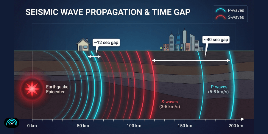 P-wave and S-wave gap growing with distance — 12 seconds at 50 km, 40 seconds at 150 km