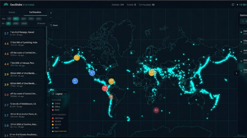 GeoShake live earthquake sensor network map showing active stations around the world — community-powered seismic monitoring