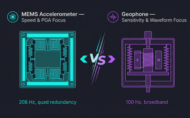 MEMS accelerometer vs geophone sensor comparison diagram — GeoShake uses quad MEMS for speed, Raspberry Shake uses geophone for sensitivity