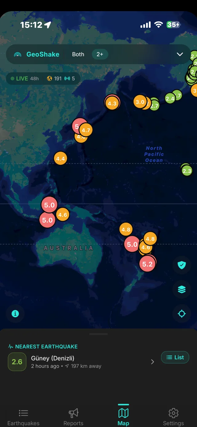 GeoShake app — live earthquake map