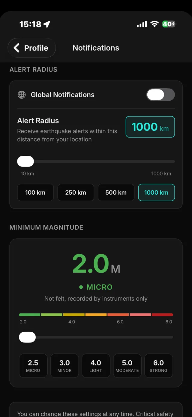 GeoShake app — personalized notification settings