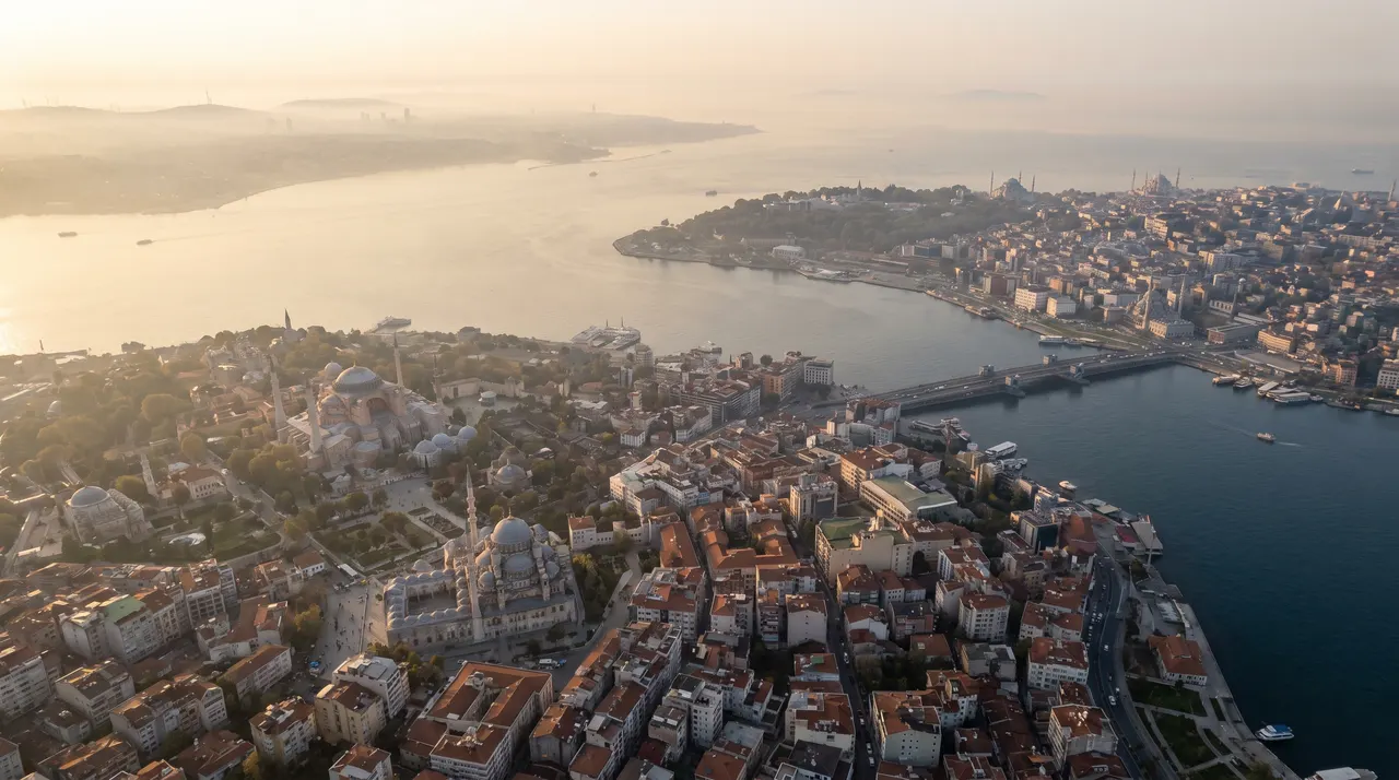 Aerial view of Istanbul and the Bosphorus at golden hour